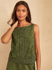 Love & Roses Khaki Green Broderie Shell Top - Image 1 of 5