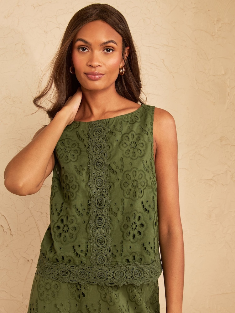 Love & Roses Khaki Green Broderie Shell Top - Image 1 of 5