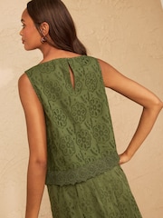 Love & Roses Khaki Green Broderie Shell Top - Image 4 of 5