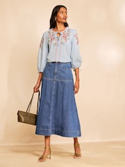 Love & Roses X RHS Pale Blue Petite Cotton/Linen Blend Tie Front Embroidered Blouse - Image 3 of 5