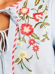 Love & Roses X RHS Pale Blue Petite Cotton/Linen Blend Tie Front Embroidered Blouse - Image 5 of 5