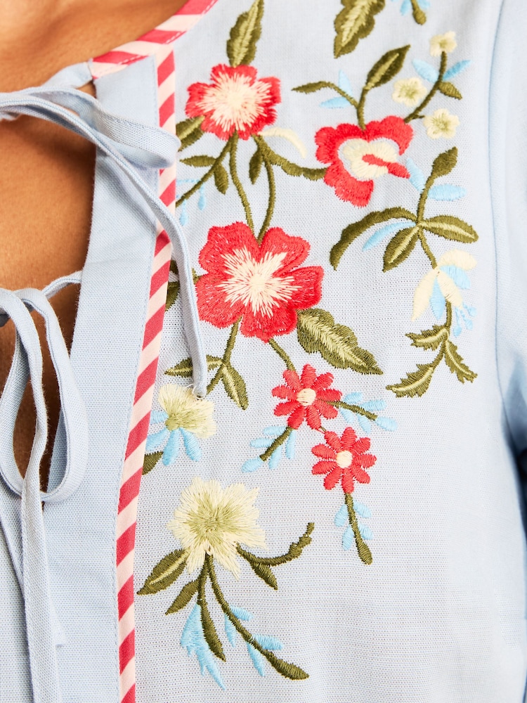 Love & Roses X RHS Pale Blue Petite Cotton/Linen Blend Tie Front Embroidered Blouse - Image 5 of 5 Love & Roses X RHS Pale Blue Petite Cotton/Linen Blend Tie Front Embroidered Blouse - Image 5 of 5