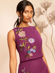 Love & Roses X RHS Burgundy Red Petite Cotton/Linen Embroidered Tie Back Shell Top - Image 1 of 4