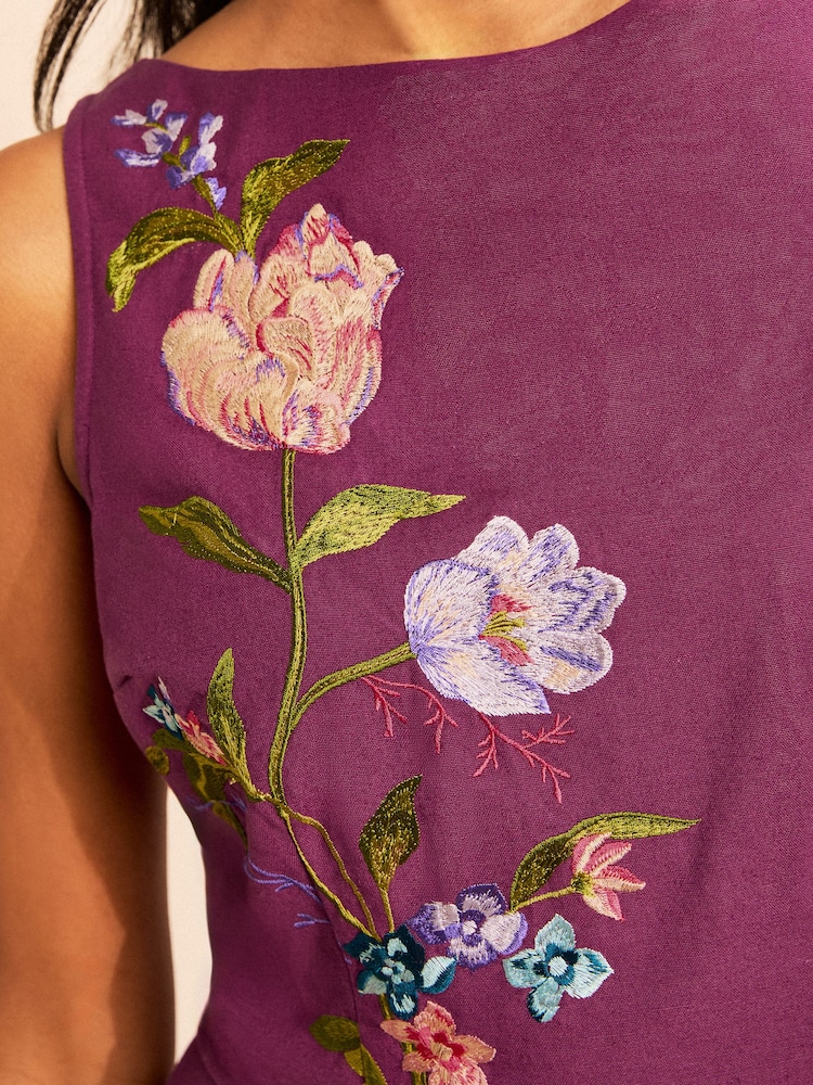 Love & Roses X RHS Burgundy Red Petite Cotton/Linen Embroidered Tie Back Shell Top - Image 2 of 4 Love & Roses X RHS Burgundy Red Petite Cotton/Linen Embroidered Tie Back Shell Top - Image 2 of 4