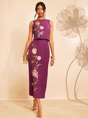 Love & Roses X RHS Burgundy Red Petite Cotton/Linen Embroidered Tie Back Shell Top - Image 3 of 4