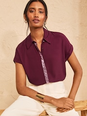 Love & Roses Burgundy Pink Sequin Roll Sleeve Button Through Sequin Trim Shirt - Image 1 of 4