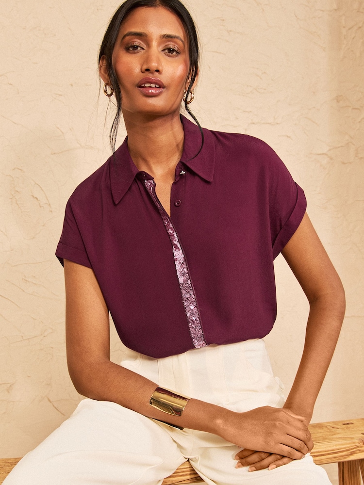 Love & Roses Burgundy Pink Sequin Roll Sleeve Button Through Sequin Trim Shirt - Image 1 of 4