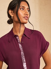 Love & Roses Burgundy Pink Sequin Roll Sleeve Button Through Sequin Trim Shirt - Image 2 of 4
