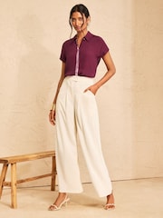 Love & Roses Burgundy Pink Sequin Roll Sleeve Button Through Sequin Trim Shirt - Image 3 of 4