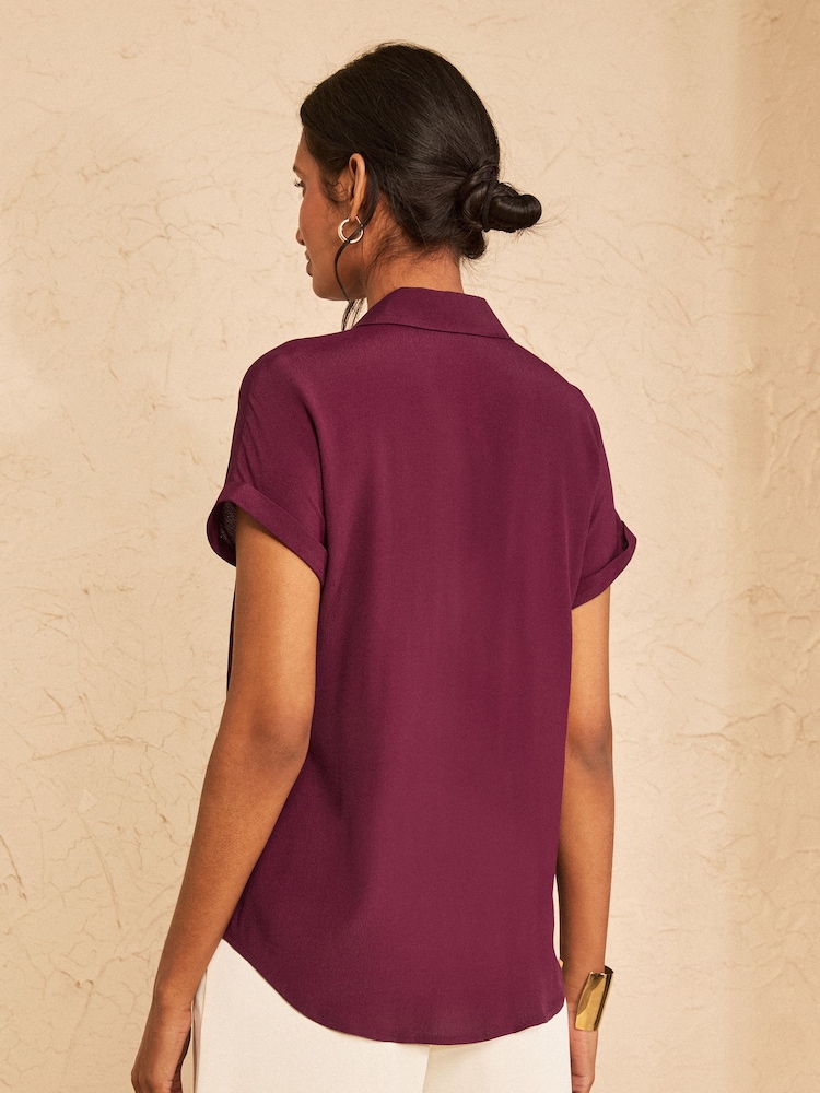 Love & Roses Burgundy Pink Sequin Roll Sleeve Button Through Sequin Trim Shirt - Image 4 of 4