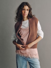 Brown Knitted Zip Up Sleeveless Gilet With Pockets - Image 1 of 7
