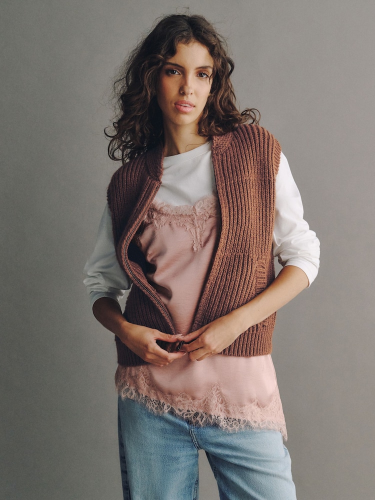 Brown Knitted Zip Up Sleeveless Gilet With Pockets - Image 1 of 7
