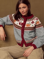 Grey/Red Autumnal Fairisle Long Sleeve Crew Neck Bomber Cardigan - Image 1 of 8