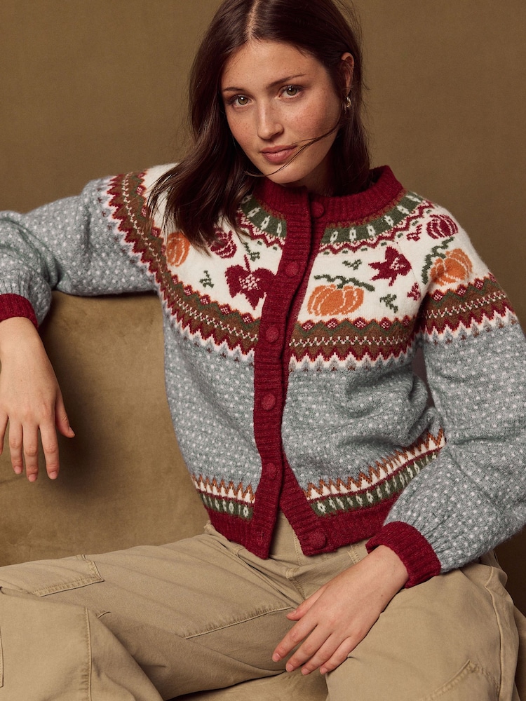Grey/Red Autumnal Fairisle Long Sleeve Crew Neck Bomber Cardigan - Image 1 of 8 Grey/Red Autumnal Fairisle Long Sleeve Crew Neck Bomber Cardigan - Image 1 of 8
