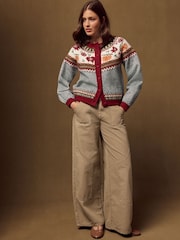 Grey/Red Autumnal Fairisle Long Sleeve Crew Neck Bomber Cardigan - Image 2 of 8