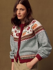 Grey/Red Autumnal Fairisle Long Sleeve Crew Neck Bomber Cardigan - Image 3 of 8