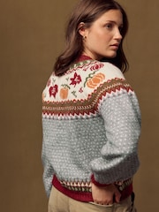 Grey/Red Autumnal Fairisle Long Sleeve Crew Neck Bomber Cardigan - Image 4 of 8