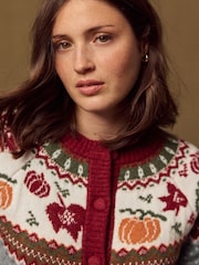 Grey/Red Autumnal Fairisle Long Sleeve Crew Neck Bomber Cardigan - Image 5 of 8