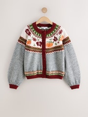 Grey/Red Autumnal Fairisle Long Sleeve Crew Neck Bomber Cardigan - Image 6 of 8