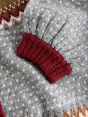 Grey/Red Autumnal Fairisle Long Sleeve Crew Neck Bomber Cardigan - Image 8 of 8