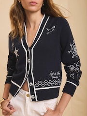 Mint Velvet Blue Embroidered Marine Knit Cardigan - Image 3 of 8