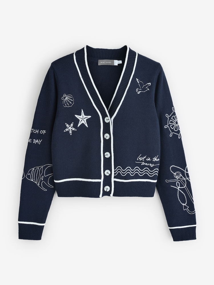 Mint Velvet Blue Embroidered Marine Knit Cardigan - Image 8 of 8
