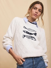 Mint Velvet White Cotton Blend Fish Motif Jumper - Image 2 of 7