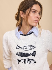 Mint Velvet White Cotton Blend Fish Motif Jumper - Image 3 of 7