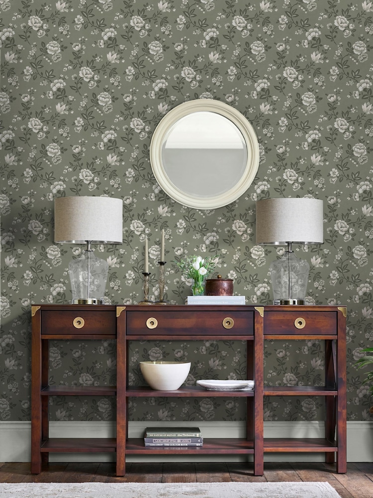 Laura Ashley Antique Green Bradenbury Trail 10M Wallpaper - Image 1 of 4