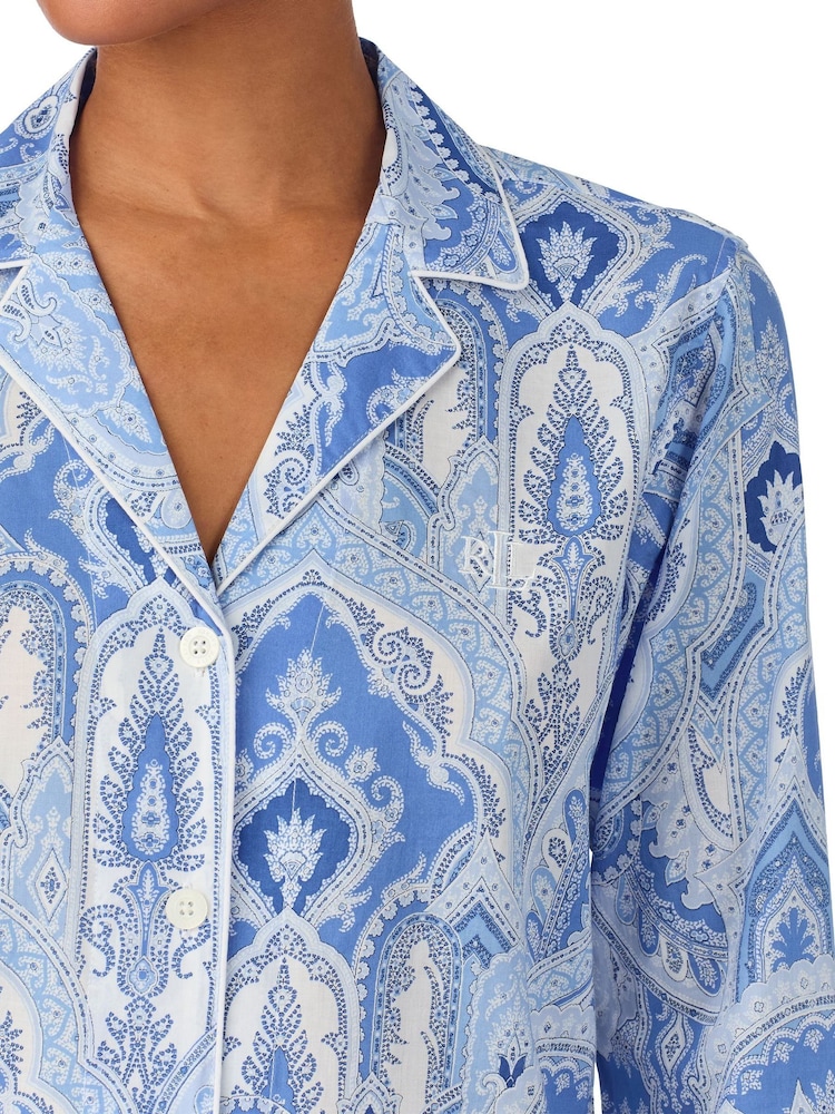 Lauren Ralph Lauren Blue Cotton Lawn Long Sleeve Notch Collar Pajama Set - Image 3 of 3