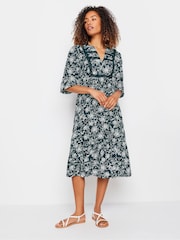 M&Co Blue Navy Damask Print Lace Trim Dress - Image 1 of 5