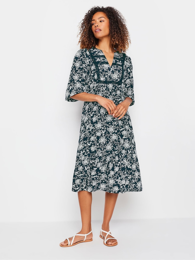 M&Co Blue Navy Damask Print Lace Trim Dress - Image 1 of 5