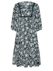 M&Co Blue Navy Damask Print Lace Trim Dress - Image 5 of 5