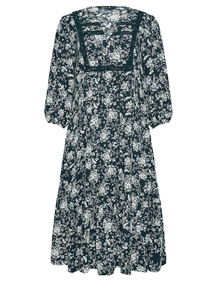 M&Co Blue Navy Damask Print Lace Trim Dress - Image 5 of 5