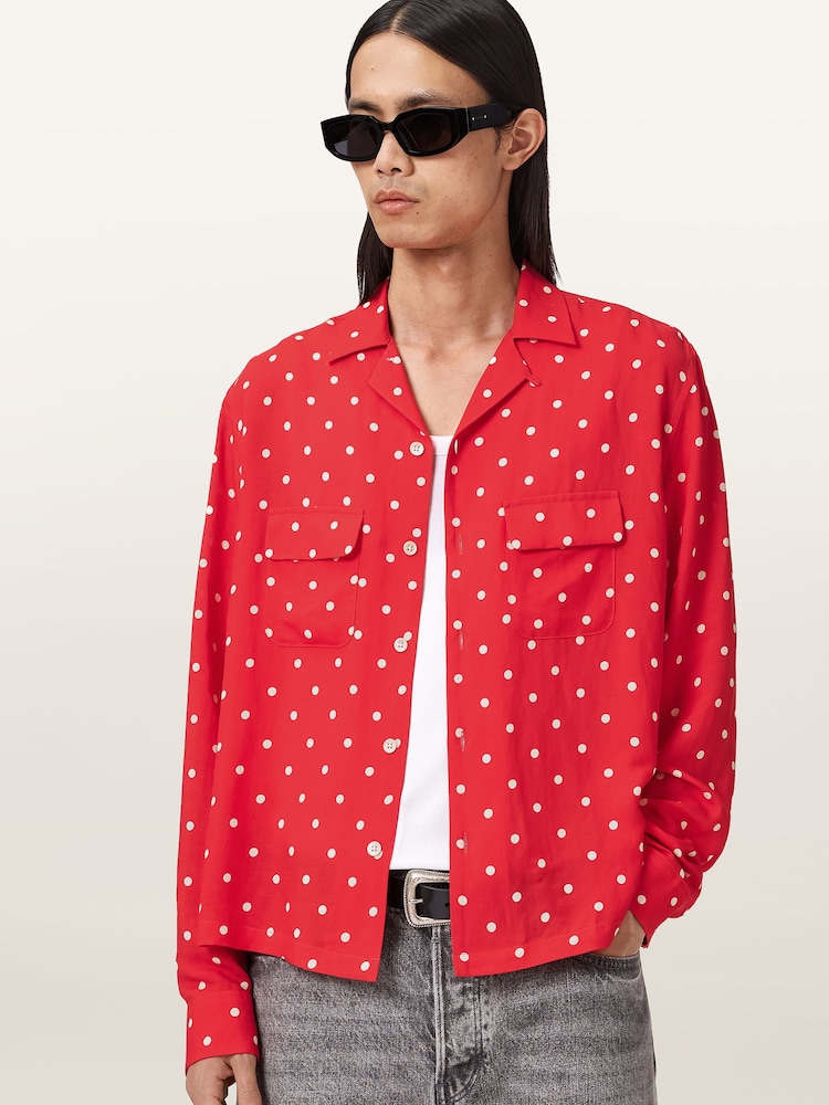 AllSaints Red Mini Polka Long Sleeve Shirt - Image 1 of 8 AllSaints Red Mini Polka Long Sleeve Shirt - Image 1 of 8
