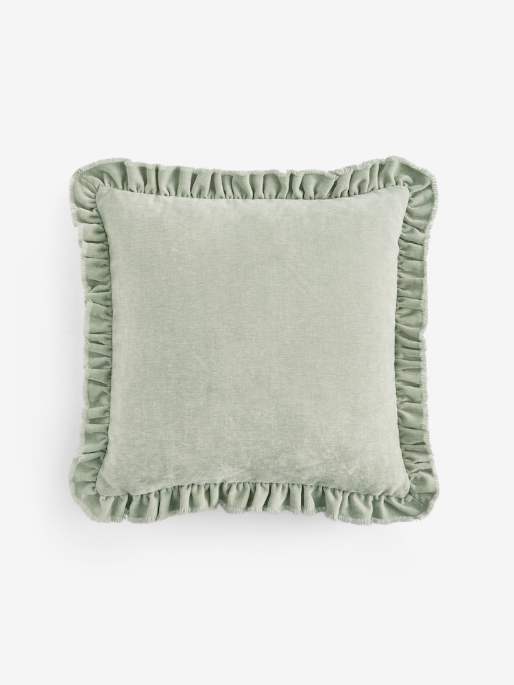 Sage Green 50 X 50cm Distressed Ruffle Edge Cushion - Image 1 of 2 Sage Green 50 X 50cm Distressed Ruffle Edge Cushion - Image 1 of 2