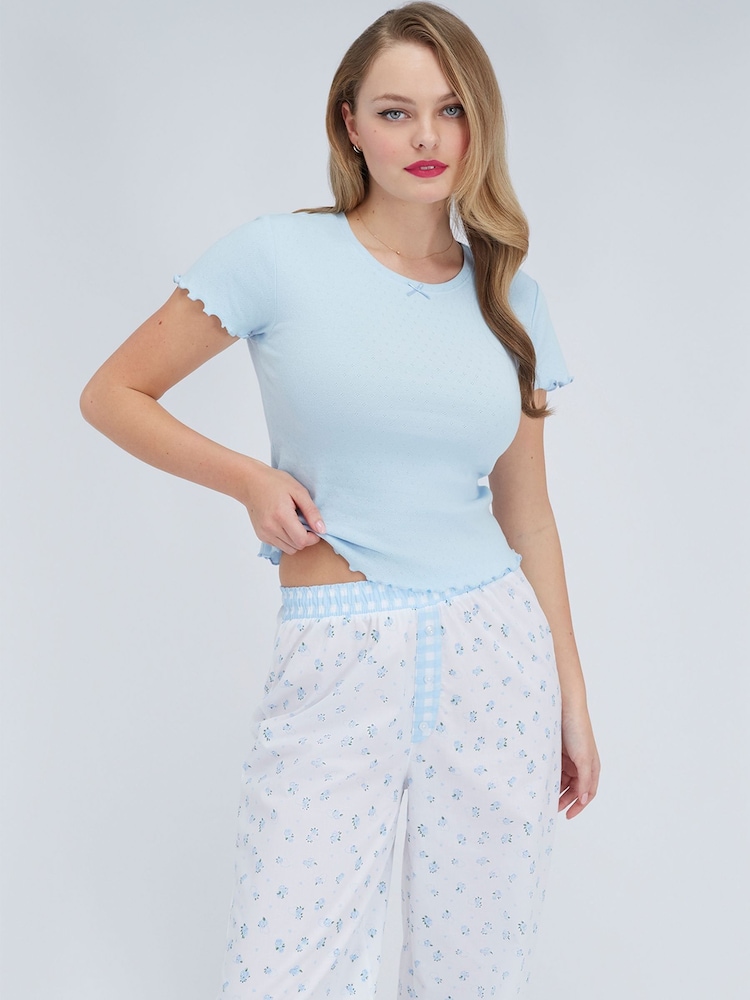 Boux Avenue Blue Floral Pointelle Pyjamas Set - Image 2 of 7