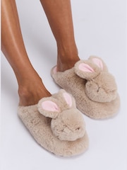 Boux Avenue Brown Plush Bunny Mule Slippers - Image 1 of 5