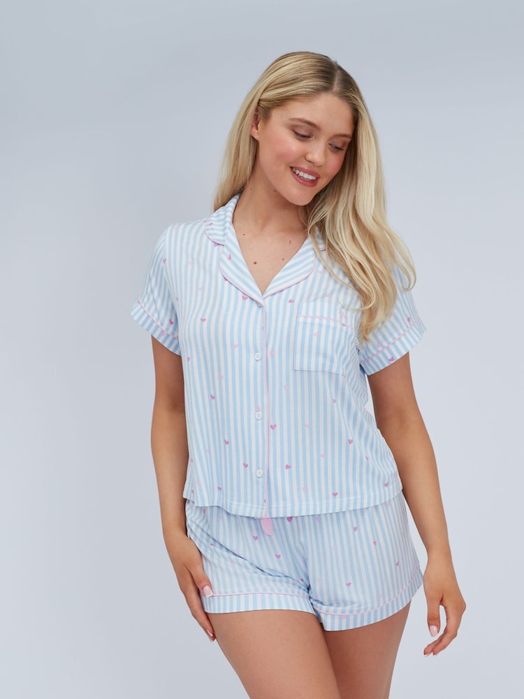Boux Avenue Blue Heart Stripe Modal Short Pyjamas Set - Image 1 of 6