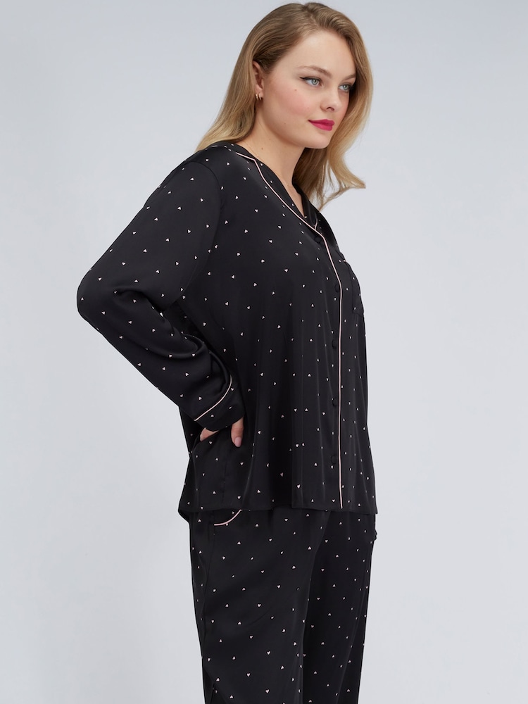 Boux Avenue Black Heart Oversized Satin Pyjamas Set - Image 2 of 6