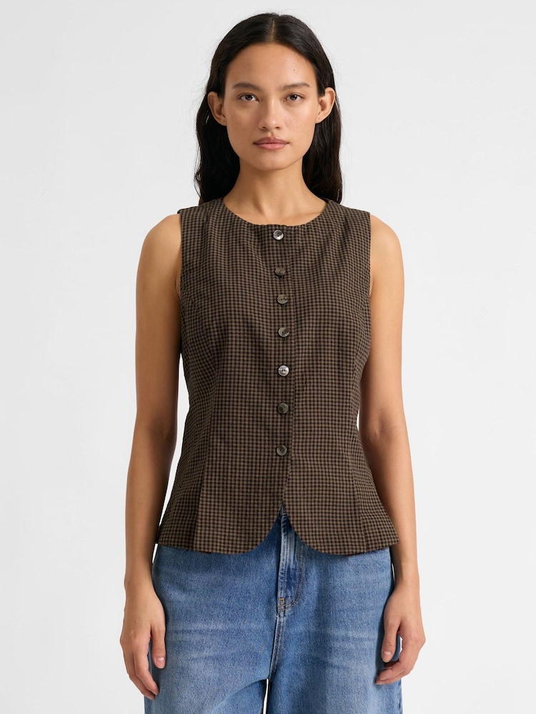 Albaray Chocolate Brown Gingham Waistcoat - Image 1 of 5