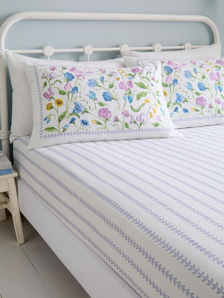 Dreams & Drapes Lilac Sweetpea Floral Cotton 28cm Fitted Bed Sheet - Image 1 of 3