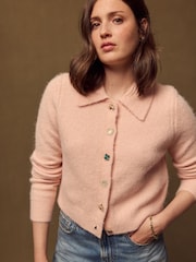 Light Pink Brooch Buttons Knitted Collar Cardigan With Wool - Image 1 of 7