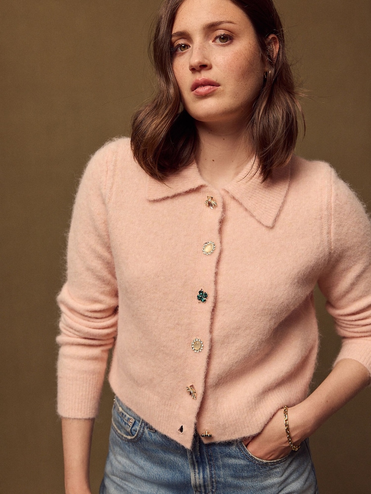 Light Pink Brooch Buttons Knitted Collar Cardigan With Wool - Image 1 of 7