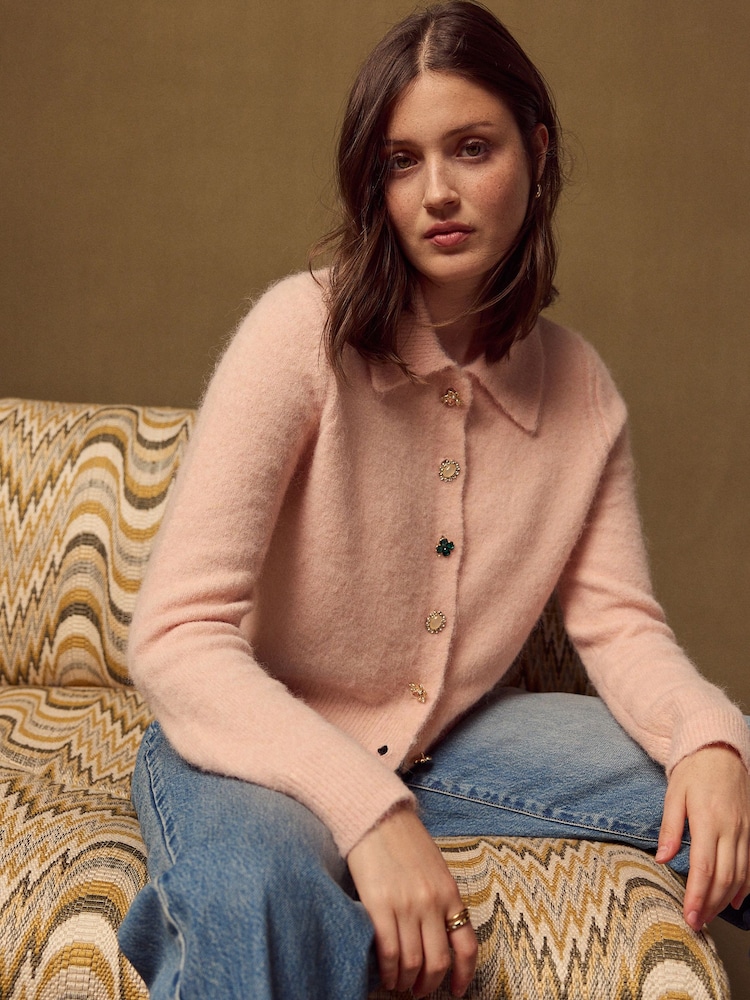 Light Pink Brooch Buttons Knitted Collar Cardigan With Wool - Image 2 of 7