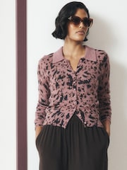 Mauve Purple Animal - Sheer Knitted Long Sleeve Collared Shirt - صورة 1 من 8