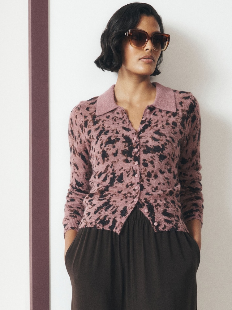 Mauve Purple Animal - Sheer Knitted Long Sleeve Collared Shirt - صورة 1 من 8 Mauve Purple Animal - Sheer Knitted Long Sleeve Collared Shirt - صورة 1 من 8