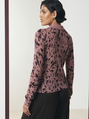 Mauve Purple Animal - Sheer Knitted Long Sleeve Collared Shirt - صورة 4 من 8