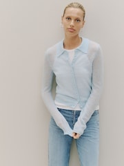أزرق فاتح - Sheer Knitted Long Sleeve Collared Shirt - صورة 1 من 9