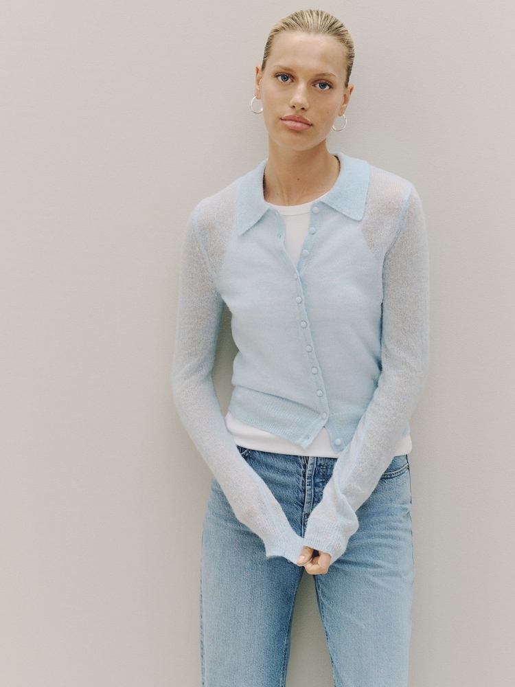 أزرق فاتح - Sheer Knitted Long Sleeve Collared Shirt - صورة 1 من 9